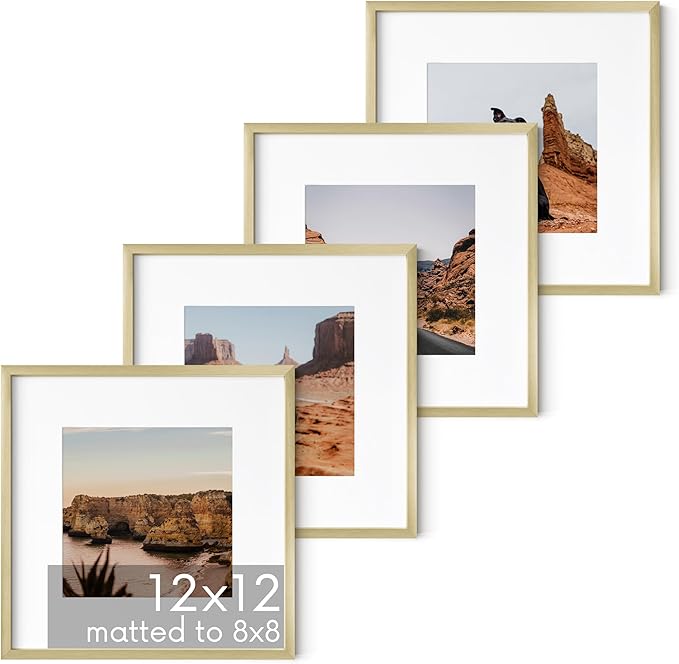 HAUS AND HUES 12x12 Gold Metal Picture Frames Matted to 8x8 - Premium Aluminum with Hanging Hardware, Shatterproof Plexiglass - Ideal for Home or Office (12x12 in, Gold, Set of 4)