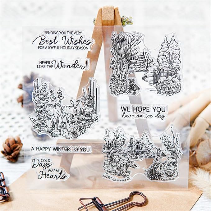 Christmas Snow Scene Stamps and Cutting Dies for Card Making DIY Transparent Silicone Clear Stamp and Metal Die Cuts Sets for Scrapbooking Paper Greeting Cards Decor Seals Craft Supplies