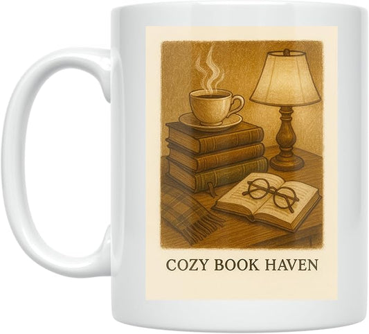 Cozy Book Haven - Book Lover - 11 oz White Ceramic Coffee Mug - Vintage Aesthetic