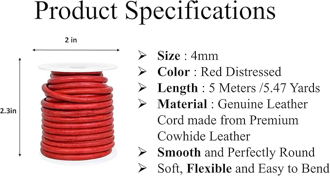 GENIQUE Real/Genuine Round Leather String Cord for Necklace, Bracelets, Jewellery, Braiding (Red Distressed, 4mm)