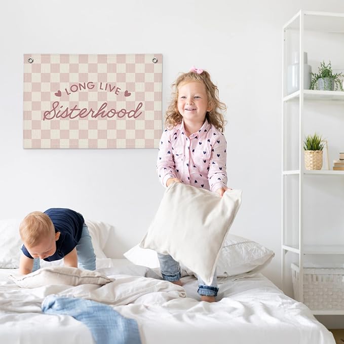 Long Live Sisterhood Preppy Pink Checkered Girls Room Decor - Linen Banner Wall Hanging Canvas Banner Flag Decor for Toddler Girly Bedroom Playroom Nursery Dorm Apartment