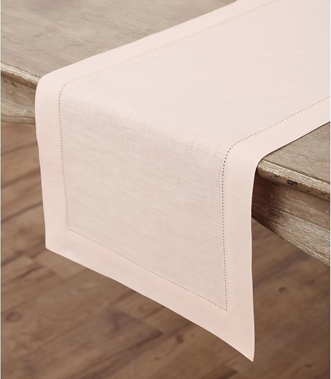 Solino Home Linen Pink Table Runner 144 Inches Long - 100% Pure Linen Extra Long Table Runner 14 x 144 Inch for Valentines, Spring, Easter - Classic Hemstitch
