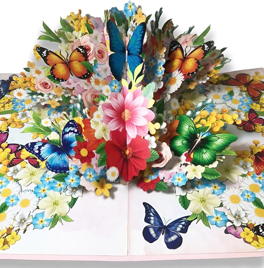 3D Pop-Up Butterfly & Flower Bouquet Greeting Card – Handmade Nature Card for Birthday, Mother’s Day, Anniversary & Special Occasions F49