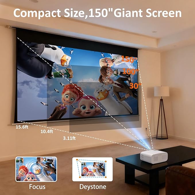 Projector, Mini Projector with WiFi and Bluetooth, Built-in Apps, Auto Focus & Keystone,Native 1080P Support, Portable Outdoor Smart Projector,White