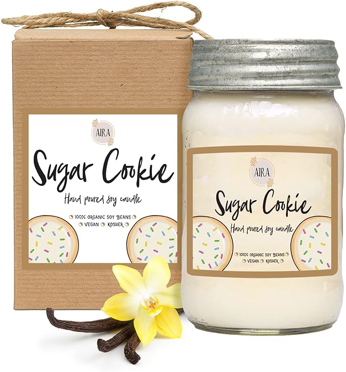Aira Soy Candles - Organic, Kosher, Vegan, in Mason Jar w/Therapeutic Grade Essential Oil Blends - Hand-Poured 100% Soy Candle Wax - Paraffin Free, Burns 110+ Hours - Sugar Cookie Scent - 16 Ounces