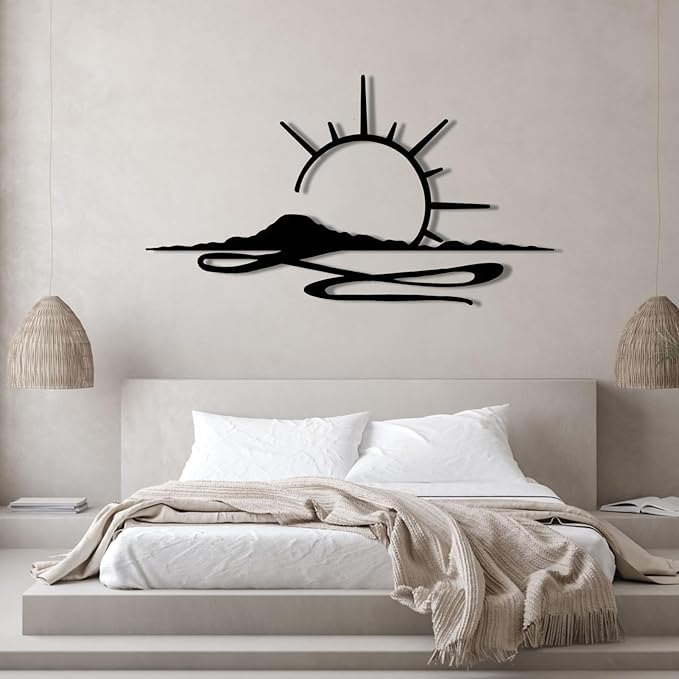 Metal Wall Art Sunrise, Metal Wall Art Sunset, Minimalist Line Art, Sunrise Or Sunset Decor For Living Room, Bedroom, Outdoor, Housewarming Gift (Gold, 30 x 17 inches / 76 x 43 cm, metal wall art)