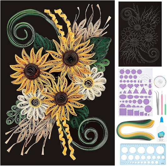 WEBEEDY Paper Quilling Kit DIY Sunflower Paper Filigree Kit with Quilling Strips Tool and Supplies Paper Quilling Set for Beginners Handmade Crafts Modern Room Wall Art Decor Gift,21×27.9cm/8.3×11"