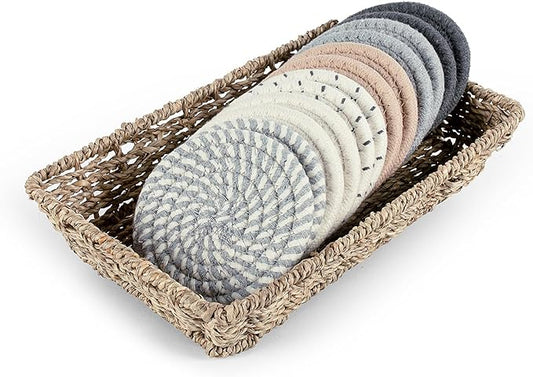 12 Pcs Handmade Woven Coasters for Drinks, Absorbent and Insulating Cotton Coasters with Seagrass Basket Holder set, Boho Perfect for Coffee Table and Home Decor