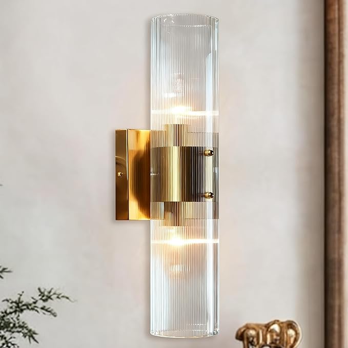 Modern Fluted Glass 2-Light Wall Sconce - Perfect for a Hallway or flanking a Painting or Bathroom, Bedroom Wall Sconces