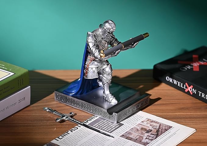 King's Guard Leader Cloak Warrior Knight Pen Holder Mobile Phone Stand, Ornament Knight Statue, Pen Stand Paperweight for Office and Home (SilverBlue)