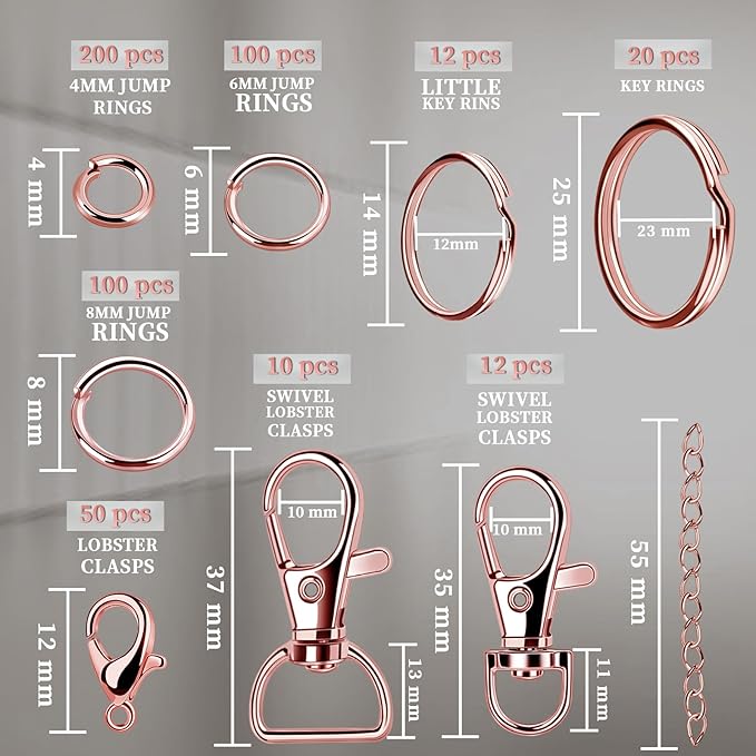 Teenitor 524PCS Key Chain Making Kit, Keychain Making Supplies Rose Gold Keychain Craft Supplies Key Chain Clips, Key Rings and Jump Rings for Jewelry Lanyard