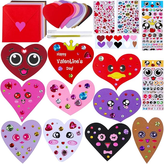 Winlyn 50 Sets DIY Paper Heart Cards and Envelopes Stickers 10 Styles of Blank Die-Cut Heart Cardstock Note Cards with Assorted Hearts Stickers for Mother's Day Valentine's Day Greeting Love Gift