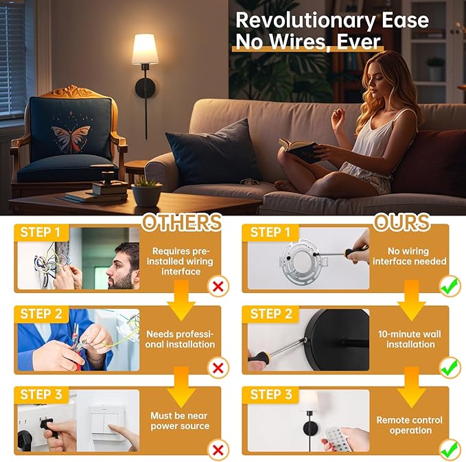 Battery Operated Wall Sconce, 120H Usage Time 22.6" Rechargeable Wall Light with Dimmable Bulb, 12 Colors Wall Sconce for Bedroom Living Room, Black