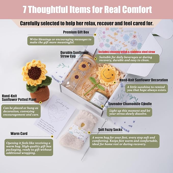 Sunflower Gifts for Women, 7pcs Self Care Get Well Soon Gift Basket – Relaxing Spa Care Package, Thinking of You Birthday Sympathy Gift Box for Mom, Friend, Sister