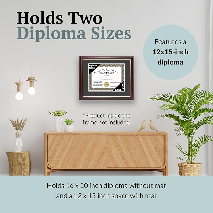 Creative Picture Frames 12x15 Mahogany Gold Rim Diploma Frame with Black Mat Glass and Installed Wall Hangers | Frame Holds 16x20 Media without Mat