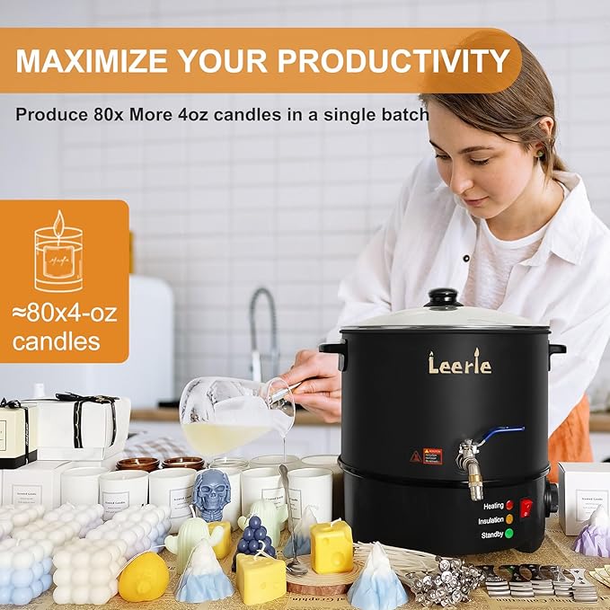 Leerie 20Lbs Commercial Wax Melter for Candle Making, L10 Extra Large Electric Wax Melting Pot Kit for Candle Making Business with Heating Core Brass Spout & Temp Control & Heat Resistant Handle