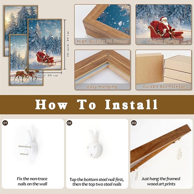 Framed Christmas Wall Art Santa Claus Wall Art Santa Winter Artwork for Living Room Bedroom Dining Room 12x16 Inches Set of 3