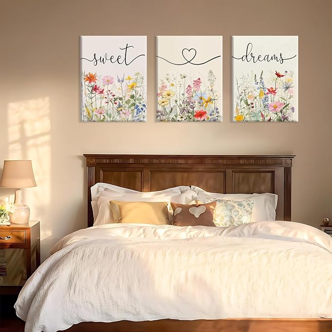 tgguytiy Framed Bedroom Canvas Wall Art Set of 3 Farmhouse Sweet Dreams Colorful Wildflowers Pictures Prints Wall Decor for Above Bed Wall Decor Bedroom Decor 12x16in