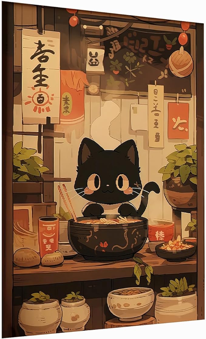 Noodle Black Cat Poster,Tonkine Cat Print,Edo Period Ramen Noodles Art,Ramen Stall Print,Vintage Ramen Print,Japan Black Cat Poster,Eating Hungry Cat For,Kitchen Wall Art12x16Unframed