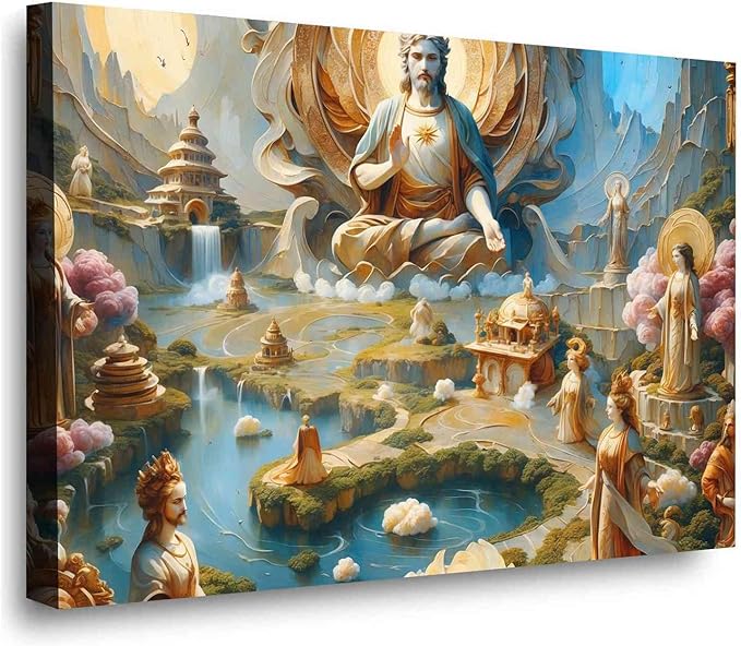 Biblical Scene Wall Art Religious Wall Decor Messiah on Throne Print Sacred Landscape Poster Vintage Oil Painting Christmas Print Indoor Decor for Home Church Chapel Prayer Room Framed Ready to Hang