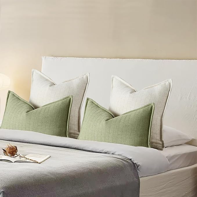 22x22 Linen Pillow Covers Beige Pack of 2 Farmhouse Boho Neutral Accents Striped Textured Square Decorative Throw Pillow Cases for Living Room Couch Bed Home Decor