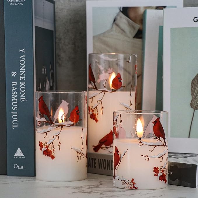 GenSwin Red Bird Glass Flameless Candles with Remote Timers, Battery Operated 3D Wick Led Flickering Light, Real Wax Pillar Candles for Christmas Home Decoration(Pack of 3, 3”x4”5”6”)