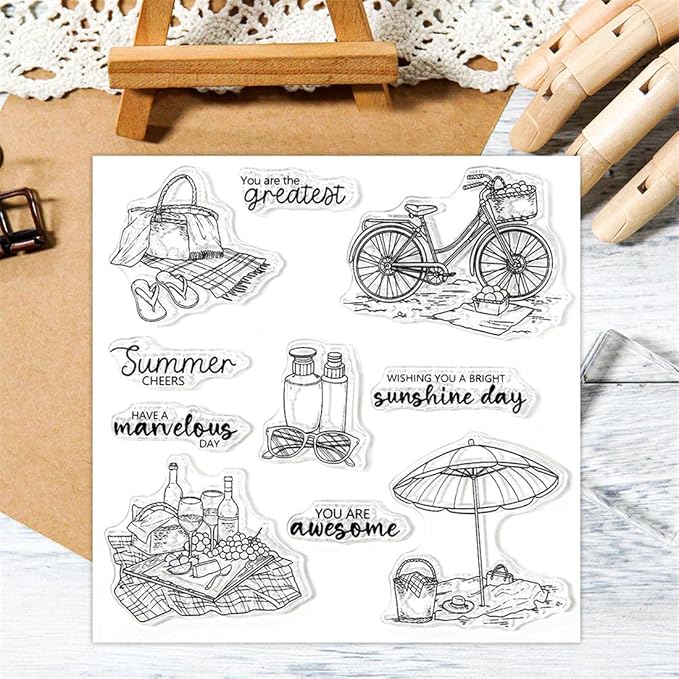 Summer Beach Umbrella Bicycle Stamps and Cutting Dies for Card Making DIY Transparent Silicone Clear Stamp and Metal Die Cuts Sets for Scrapbooking Paper Greeting Cards Decor Seals Craft Supplies