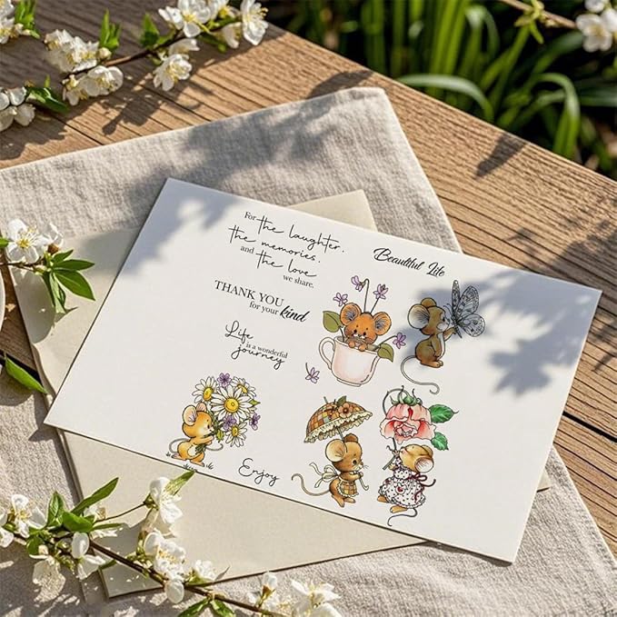 Mouse Holding Flowers Stamps and Cutting Dies for Card Making DIY Transparent Silicone Clear Stamp and Metal Die Cuts Sets for Scrapbooking Paper Greeting Cards Decor Seals Craft Supplies