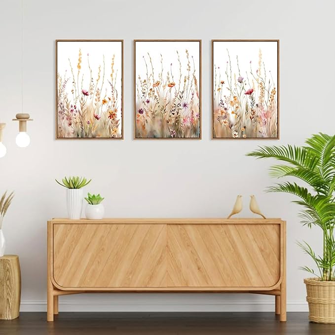 3Pcs Nursery Botanical Floral Wall Art Boho Wildflower watercolor Bouquet Canvas Wall Decor Pictures Forest Flower Posters Prints for Living Room Classroom Baby Bedroom Decoration Unframed