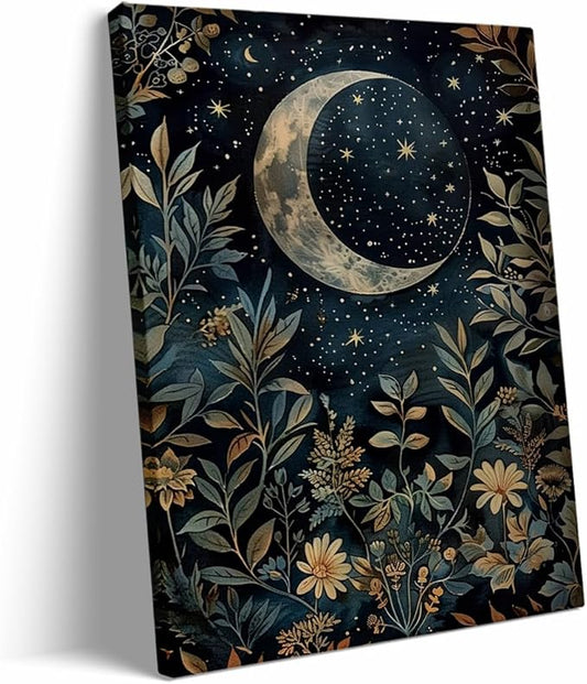 Vintage Crescent Moon Floral Botanical Poster William Morris Wall Art Print Retro Flowers Dark Academia Cottagecore Decor Canvas Prints Gothic Posters for Bedroom Living Room 12x16in Frame wall art