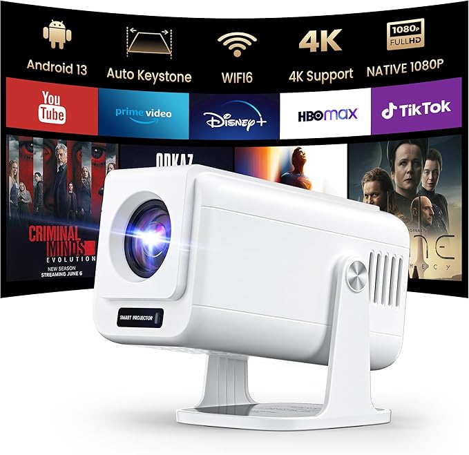 Mini 4K Projector with Wifi and Bluetooth, 1080P Full HD Smart Outdoor Portable Movie Small Projector with 270°Rotatable Stand, Android 13 OS, Auto Keystone, Support Big Screen for Home Bedroom