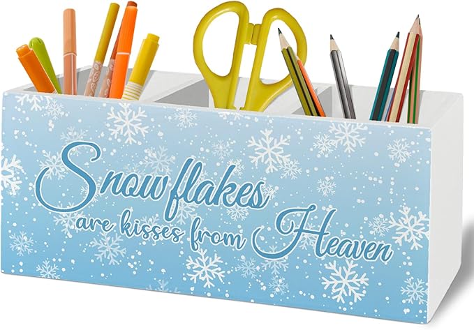 Blue Winter Christmas Pen Pencil Holder Organizer for Desk Accessories, Winter Snowflakes Wooden Box Sign Desk Decor for Home Office Decoration, Blue Christmas Decor