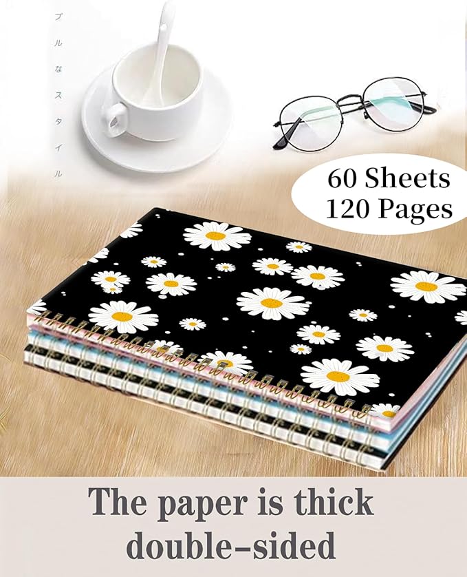 Spiral Journal Notebook,A5 Hardcover Lined Journals for Women 6 x 8.3 in,60 Sheets 120 Pages Thick Paper,Cute College Ruled Writing Notebook for Office Work School(Daisy Black)