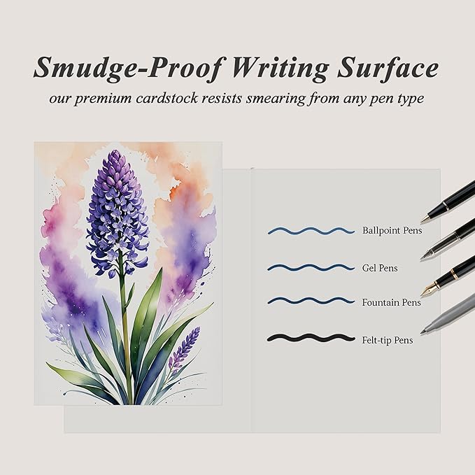 Elegant Blank Inside Greeting Card with Envelope, 5x7 Inch Watercolor Hyacinth Card – All Occasion, Birthday, Sympathy, Thank You - Single Card