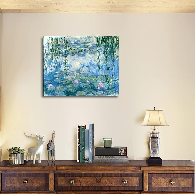 Claude Monet Canvas Wall Art - Water Lilies Classic Artwork Picture Print with Framed Painting for Home Office Wall Decor 12"x16"