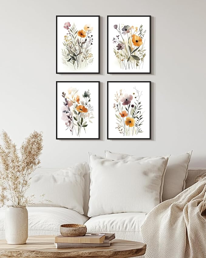 Drsoum Wildflower Bouquet Boho Framed Wall Art Wooded Minimalist Aesthetic Botanical Flower Prints Modern Plants Bathroom Kitchen Home Decor Ready to Hang 11x14inx4pcs (Black Framed)