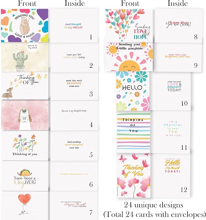 Thinking of You Cards with Envelopes - 24 Thinking of You Greeting Cards with Unique Designs and Inspiring Words - The Perfect Encouragement Cards to Send to a Close Friend, Relative or Loved One (24)
