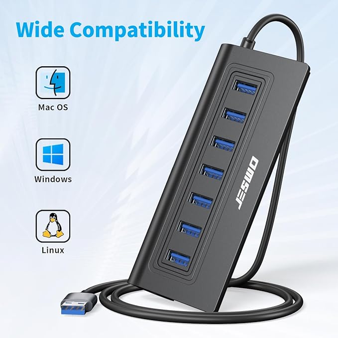 Powered USB Hub, JESWO 7-Port USB 3.0 Hub, Aluminum USB Data Hub with 3.3ft Cable, USB Hub 3.0 Powered with 20W Power Adapter for MacBook, Mac Pro/mini, iMac, XPS, PC, USB-Flash Drives, etc. (Black)