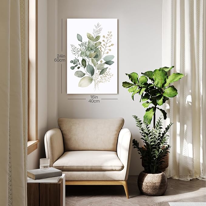 HLXRAE Framed Watercolor Botanical Wall Art Set of 3, Neutral Sage Green Bathroom Wall Decor, Modern Floral Canvas Paintings, Minimalist Farmhouse Poster Prints for Bedroom Living Room 16x24 Inch