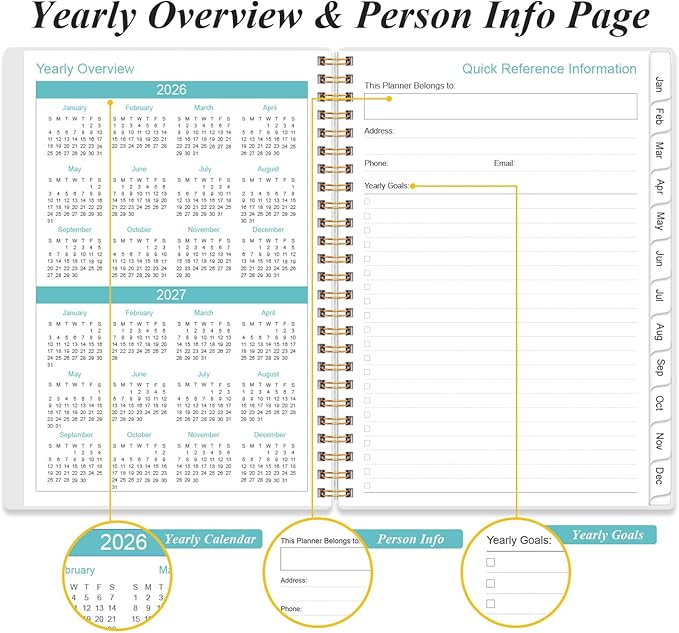 2026 Daily & Monthly Planner - One Page Per Day, Daily Planner 2026 from January 2026 to December 2026, Planner 2026 with 12 Monthly Tabs, 6.4" x 8.5", Blue Leaf