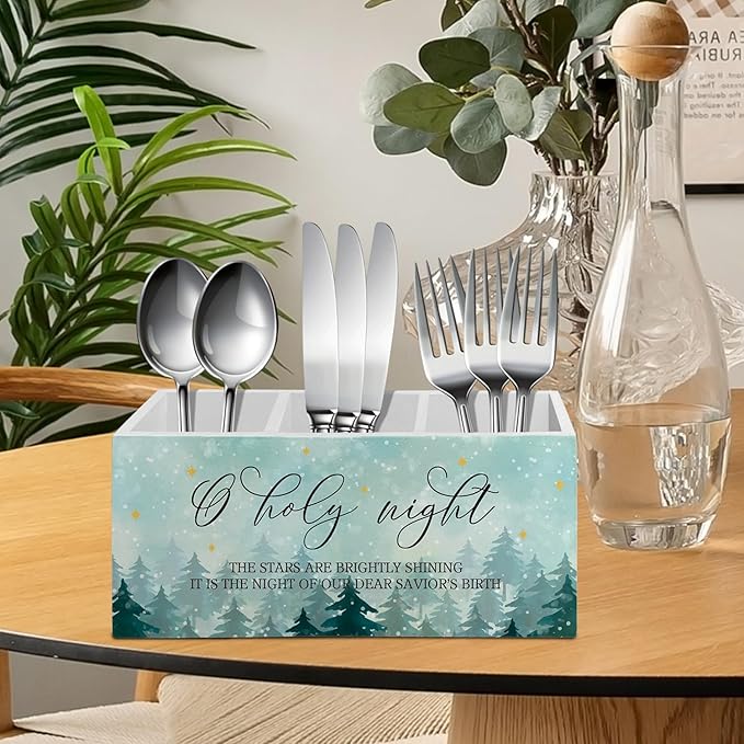 O Holy Night Christian Christmas Pen Pencil Holder Organizer for Desk Accessories, Nativity Christmas Rustic Winter Tree Holiday Wooden Box Sign Desk Decor for Home Office Decoration