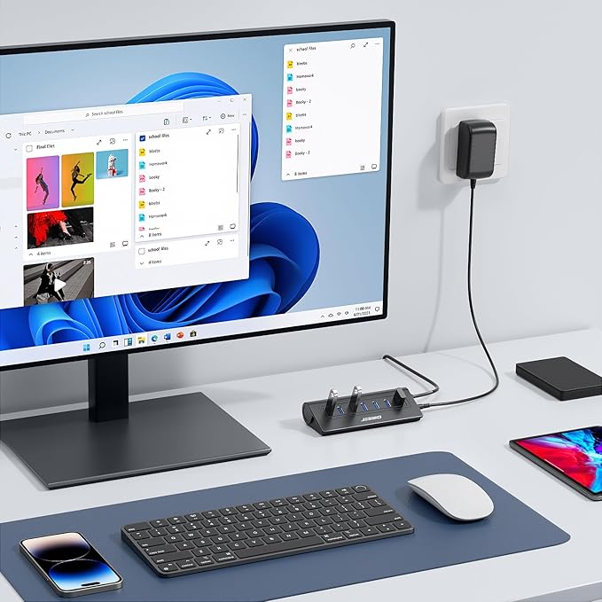 Powered USB Hub, JESWO 7-Port USB 3.0 Hub, Aluminum USB Data Hub with 3.3ft Cable, USB Hub 3.0 Powered with 20W Power Adapter for MacBook, Mac Pro/mini, iMac, XPS, PC, USB-Flash Drives, etc. (Black)