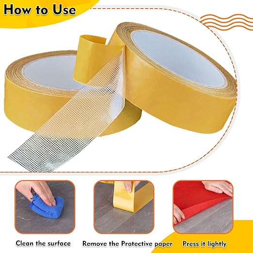 Double Sided Fabric Tape Heavy Duty Mounting Tape 1" x 33FT Resistente Clear Super Stick Tape with Fiberglass Mesh High Tack Strong Adhesive for Clothes Carpet Arts