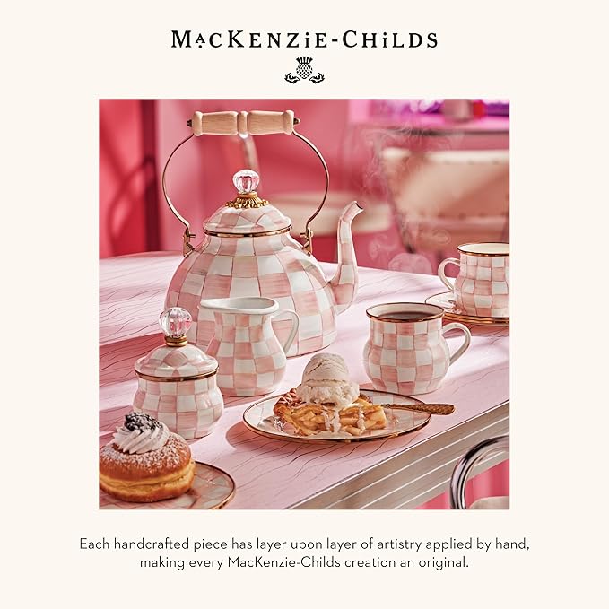 MACKENZIE-CHILDS Enamel Mug, Cute Enamelware Coffee and Tea Mug, Unique Drinkware, 16 Ounces, Pink-and-White Rosy Check, Set of 4