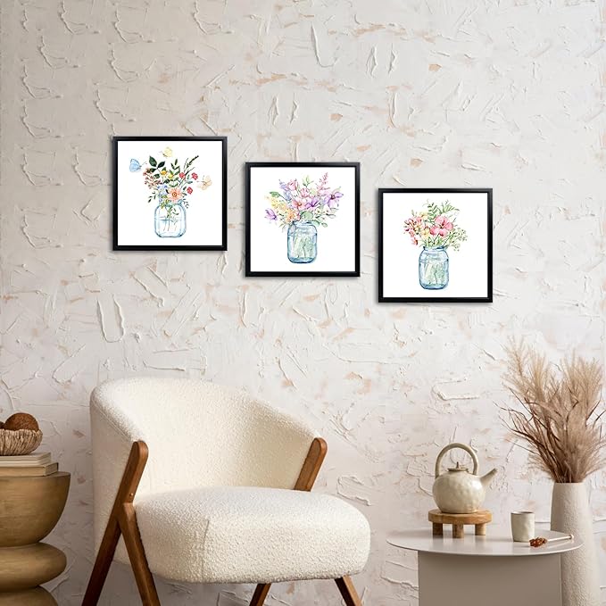 LyerArtork 3 Piece Flowers Wall Art Canvas Prints Butterfly Wildflowers in the Vase Floral Botanical Watercolour Painting Rustic Wall Decor for Living Room Bedroom Black Framed 12x12inchx3