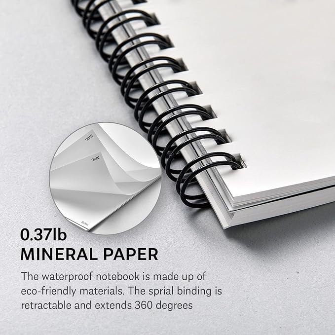 GAK. Stone Paper Notebook | No Lines Spiral Notebook Waterproof Sheet Aesthetic Journal for Note Taking | Notebooks for Work & Aesthetic School Supplies | Large Size, Black (7.2”x10.1”, 50 sheets)
