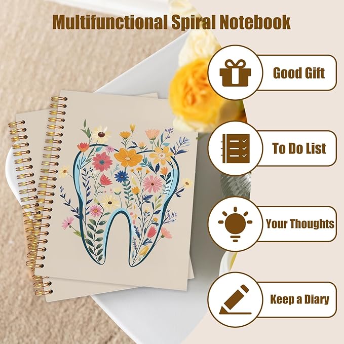 WUCHJ Dentist Gifts Notebook Journal, Dental Assistant Office Gifts for Women, Brown Floral Tooth Dental Spiral Notebook Journal for Note Taking, Dentist Office Supplies, 5.5x8.3 Inch