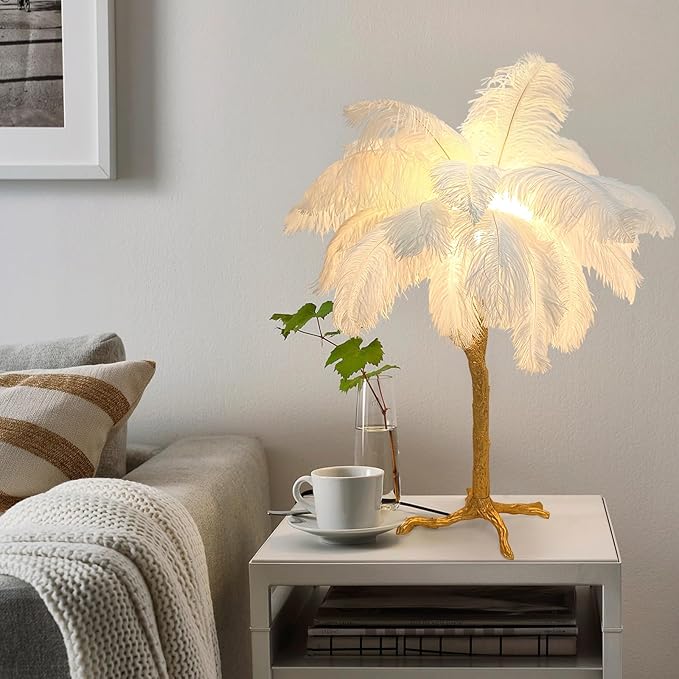 Chic White Feather Lamp Ostrich Feather Table Lamp Europe Bedside Fuzzy Lamp for Girl Romantic Wedding Gift Fluffy Desk Light G4*3 Bulb for Living Room Bedroom Entrytable Office Christmas