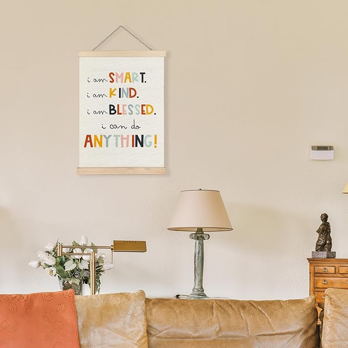 LUVADIAN Positive Affirmations for Kids, Kids Wall Decor, I am Smart Kind Blessed Motivational Poster Hanger Frame Wall Art for Classroom Playroom Nursery Girl Boy Room, 12x16 Inches