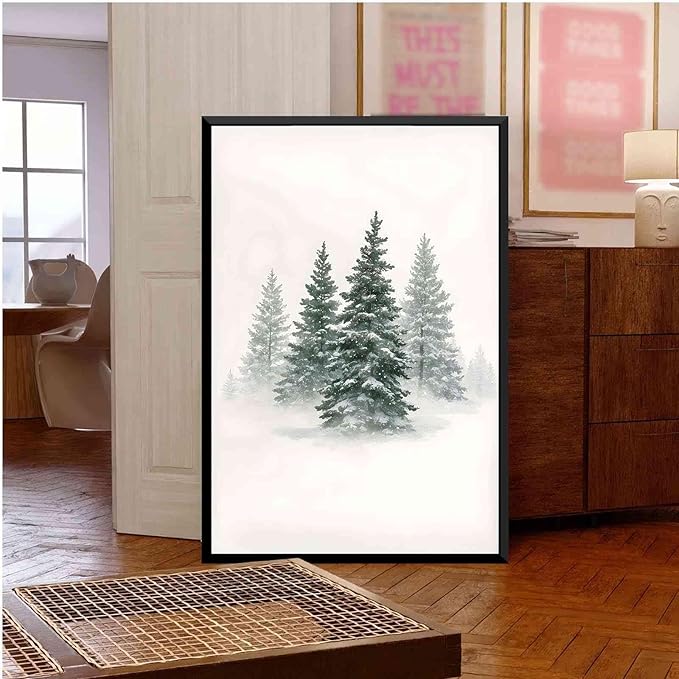 Framed Canvas Wall Art Snowy Evergreen Trees Print Winter Forest Wall Art Christmas Watercolour Painting Winter landscape Snowy Pine tree poster 8x12in Metal blackFramed